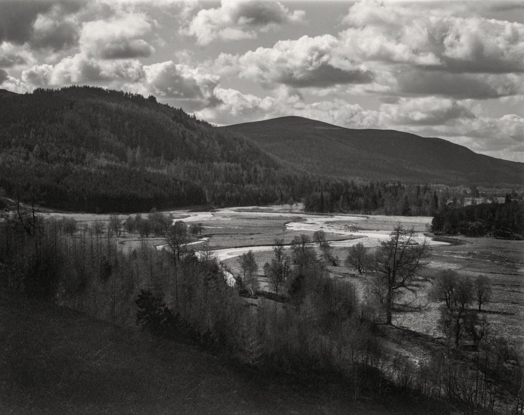 Upper reaches of the River Dee, Braemar, Aberdeenshire. Monochrome Film