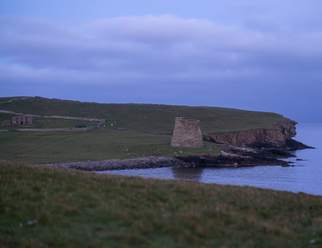 Midsummer evening twilight view of Mousa Broch, Shetland