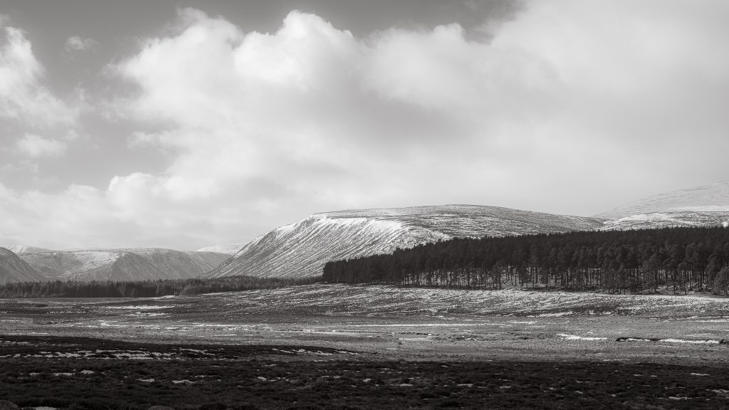 Monochrome view of Glen Muick, Aberdeenshire in February
