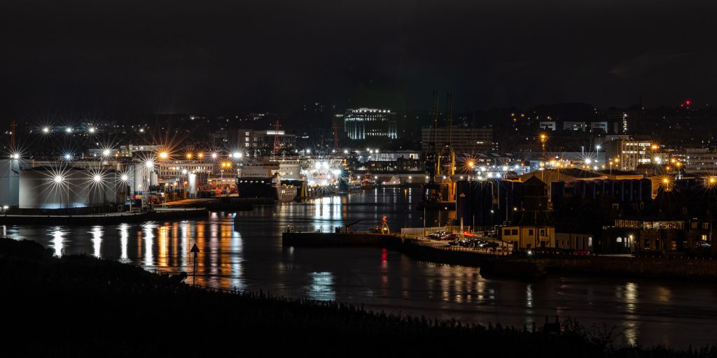 Night time view of Aberdeen Harbour from the Torry Battery showing starburst light effects