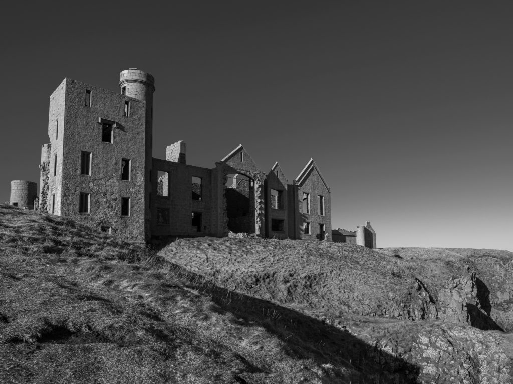 Monochrome view of Slains Castle on the North sea Coast of Aberdeenshire